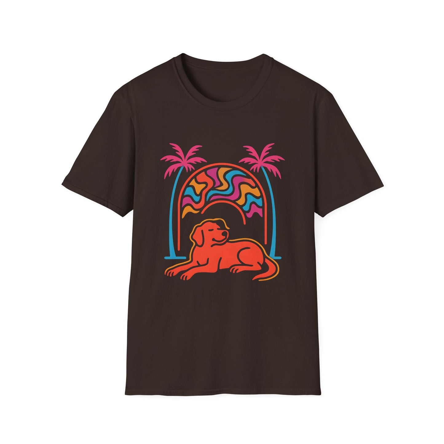 Psychedelic Dog Palm Trees Tee - Retro Sunset