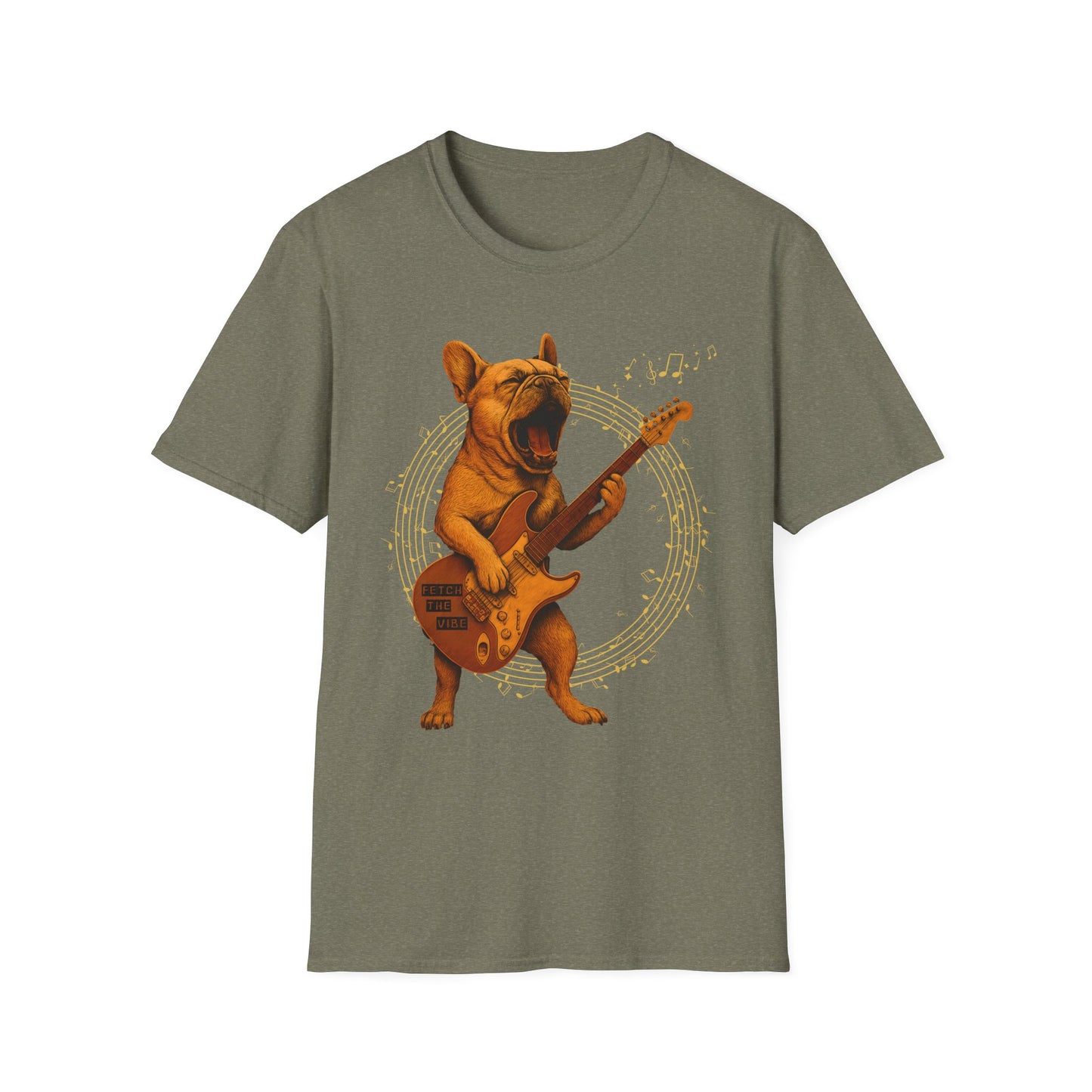 Rocking French Bulldog Unisex T-Shirt, Dog Lover Gift, Music Tee, Funny Graphic Shirt, Pet Themed Apparel