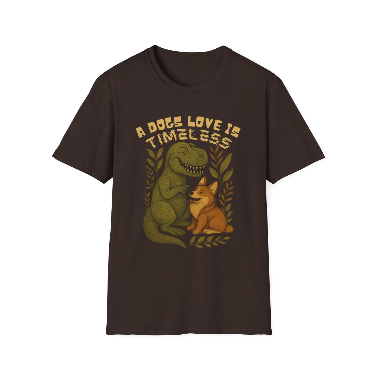 Timeless Love T-Shirt, Cute Dino and Dog Design, Pet Lover Gift, Unisex Apparel, Animal Lover Shirt, Casual Wear, Gift for Dog Owners