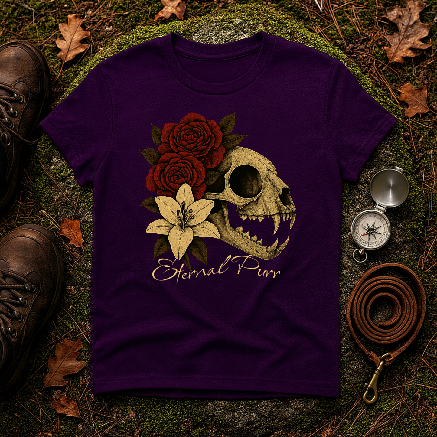 Eternal Purr Cat Skull Gothic Floral T-Shirt