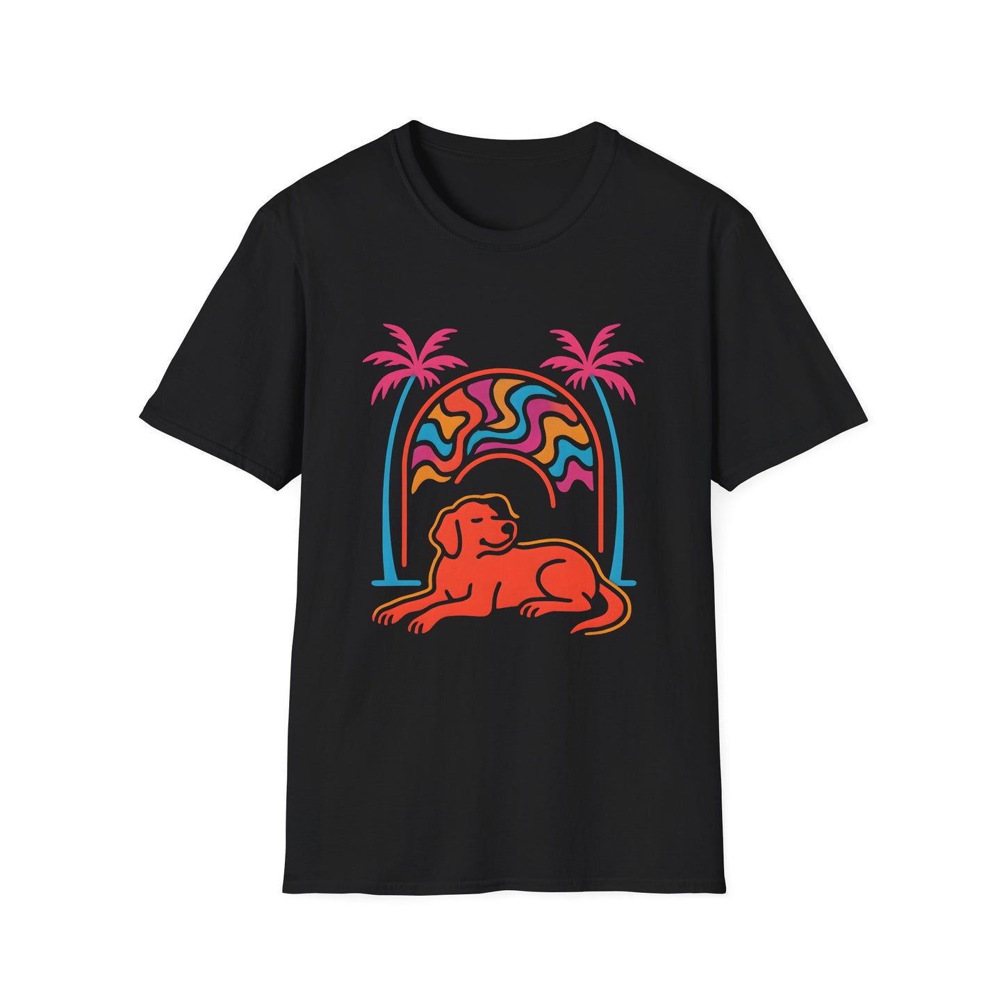 Psychedelic Dog Palm Trees Tee - Retro Sunset