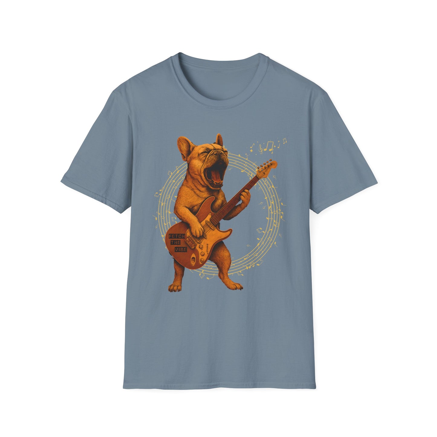 Rocking French Bulldog Unisex T-Shirt, Dog Lover Gift, Music Tee, Funny Graphic Shirt, Pet Themed Apparel