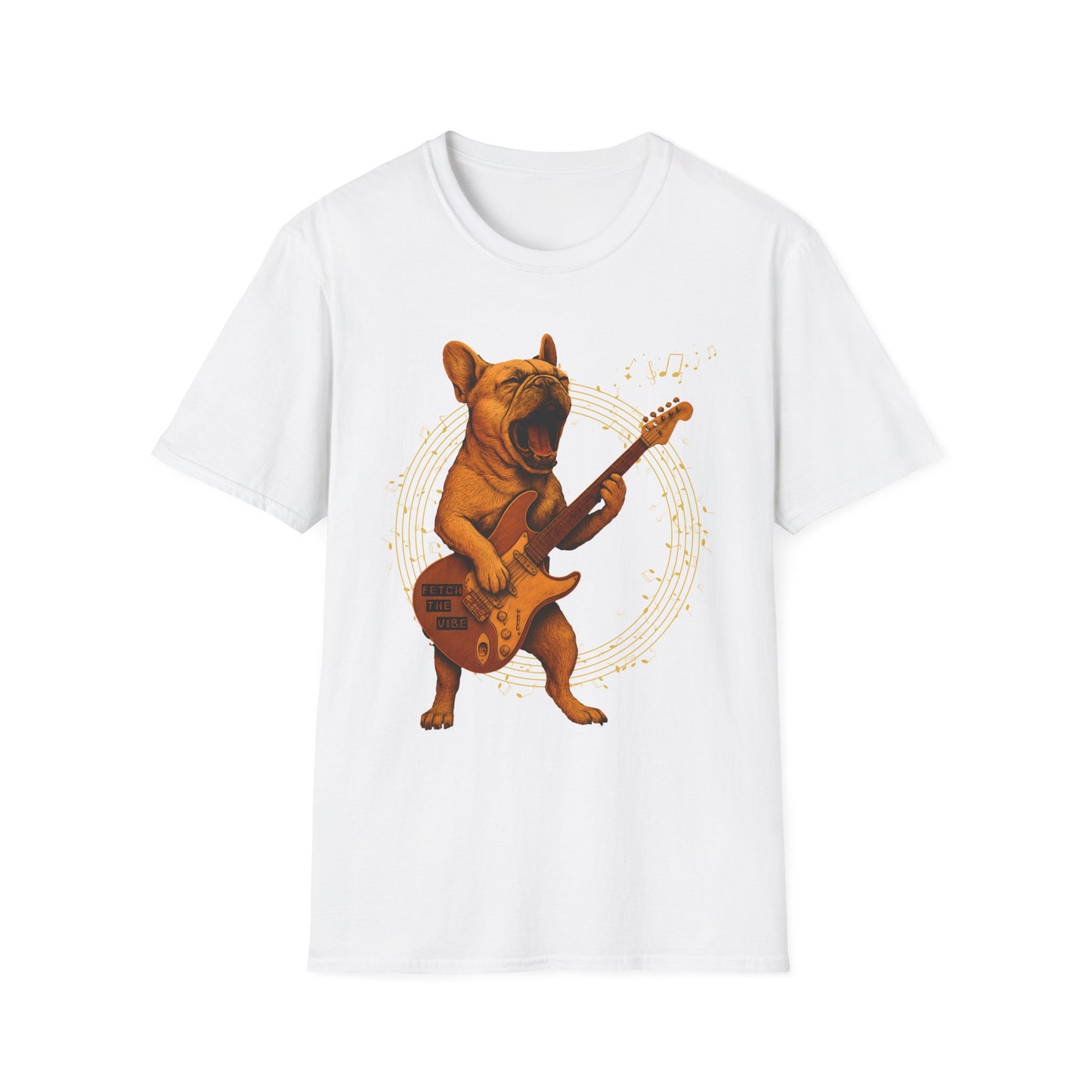 Rocking French Bulldog Unisex T-Shirt, Dog Lover Gift, Music Tee, Funny Graphic Shirt, Pet Themed Apparel