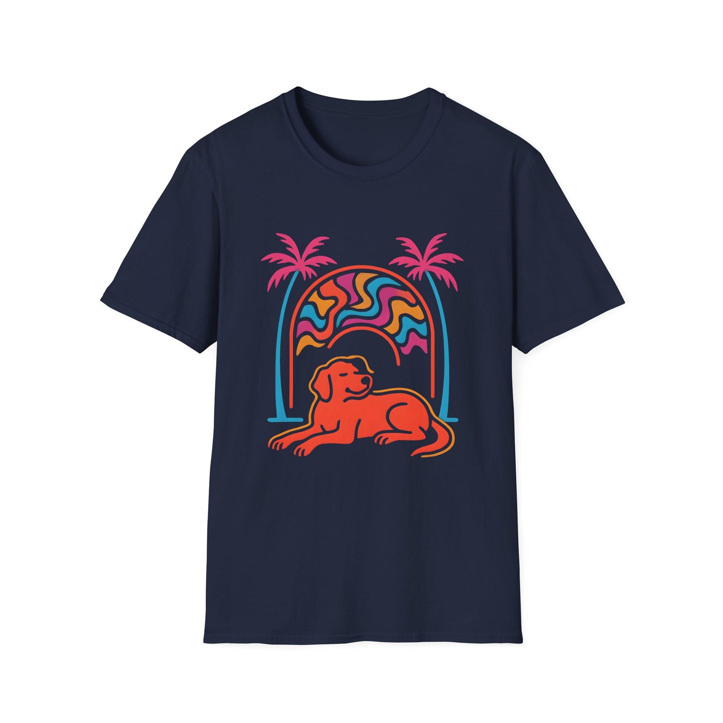 Psychedelic Dog Palm Trees Tee - Retro Sunset