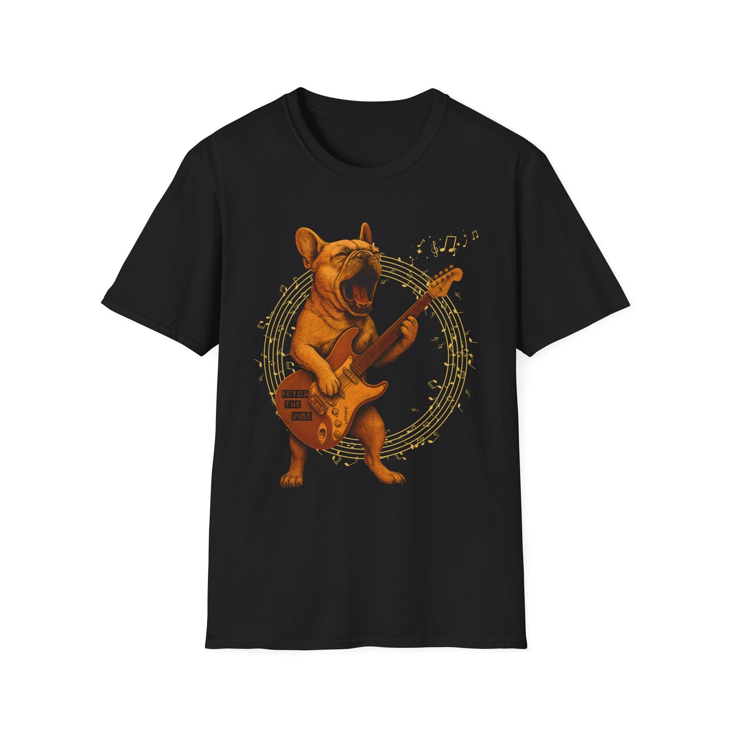 Rocking French Bulldog Unisex T-Shirt, Dog Lover Gift, Music Tee, Funny Graphic Shirt, Pet Themed Apparel
