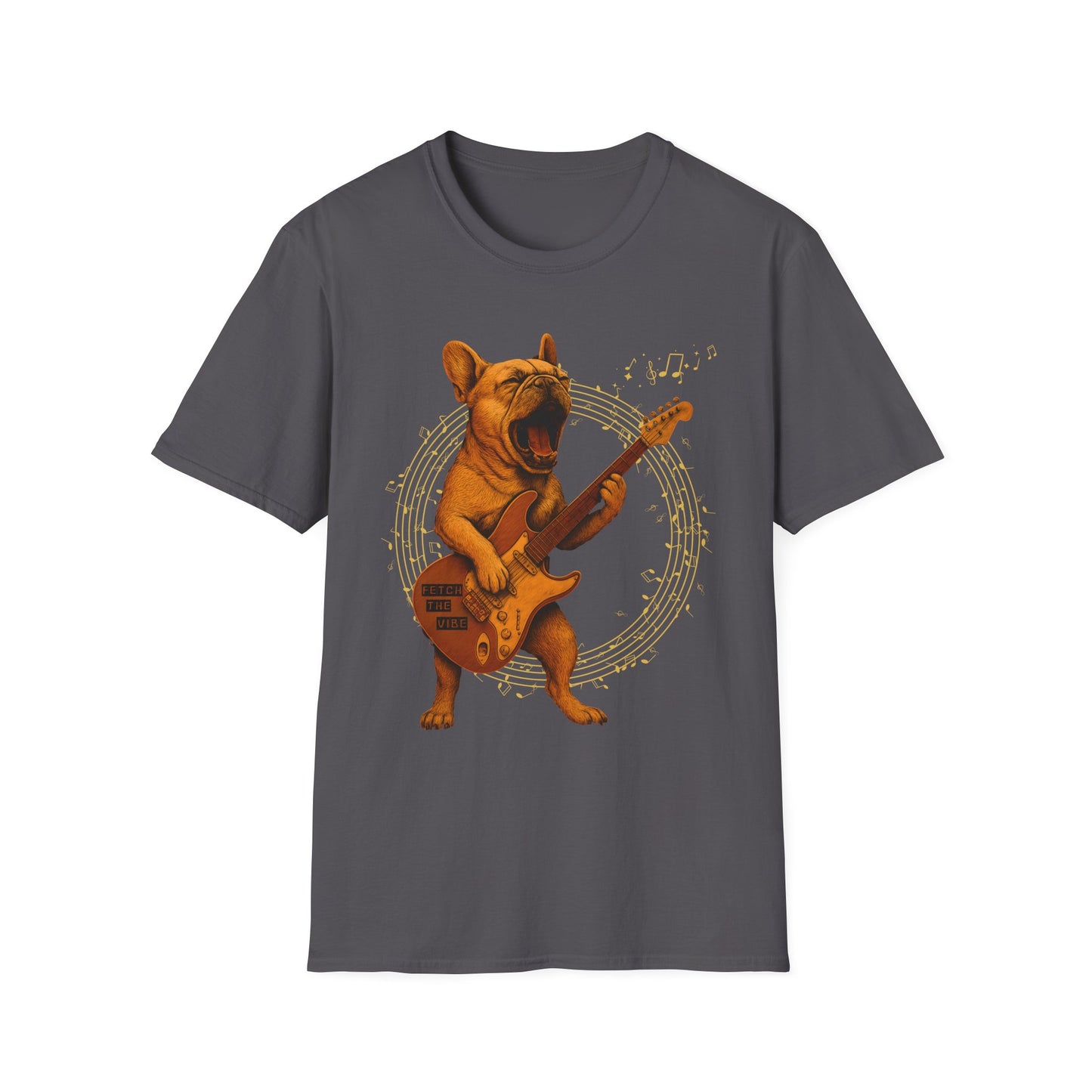 Rocking French Bulldog Unisex T-Shirt, Dog Lover Gift, Music Tee, Funny Graphic Shirt, Pet Themed Apparel