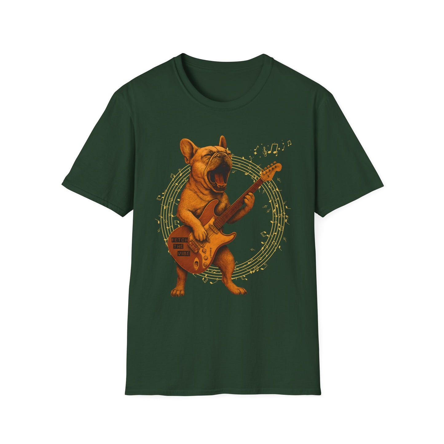 Rocking French Bulldog Unisex T-Shirt, Dog Lover Gift, Music Tee, Funny Graphic Shirt, Pet Themed Apparel