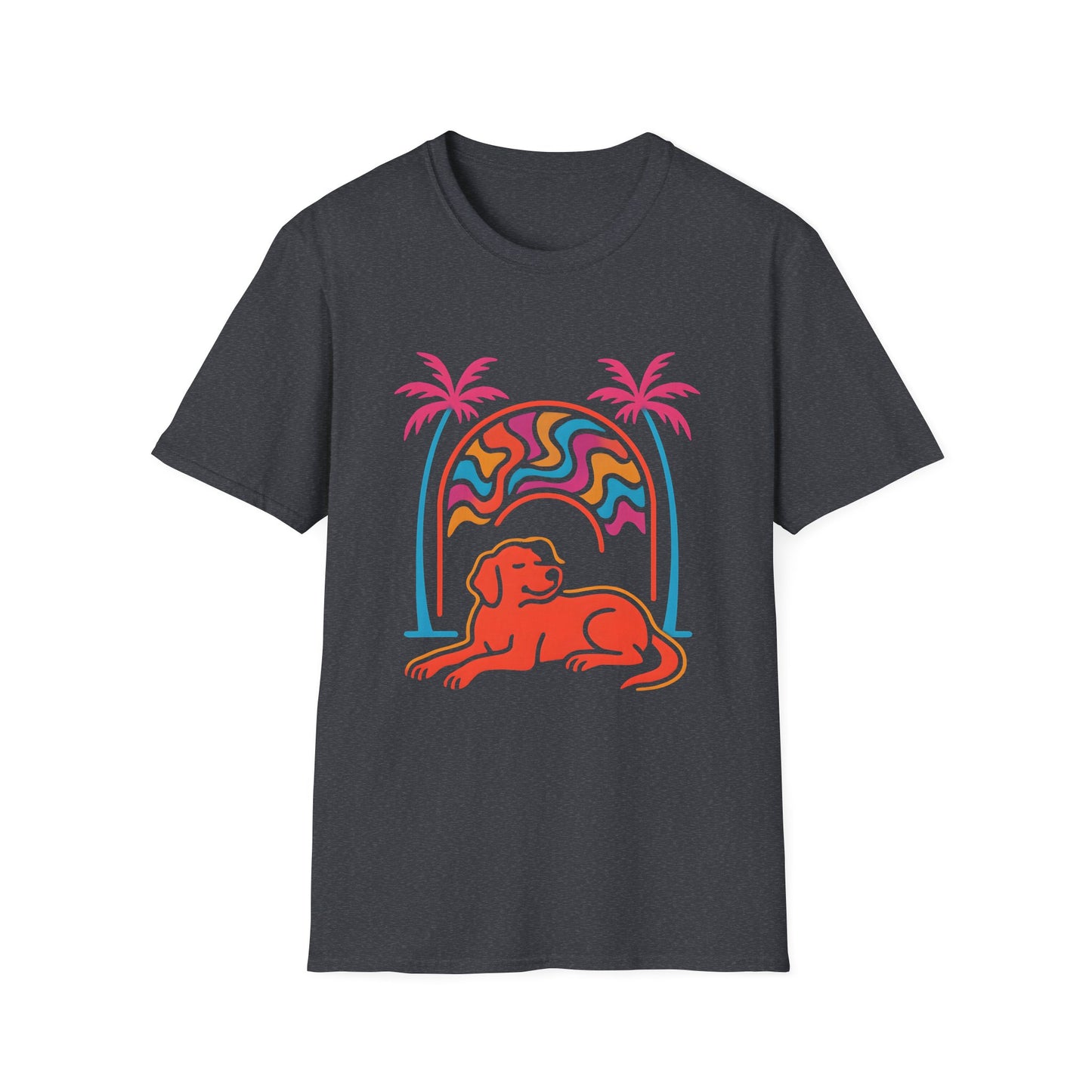 Psychedelic Dog Palm Trees Tee - Retro Sunset