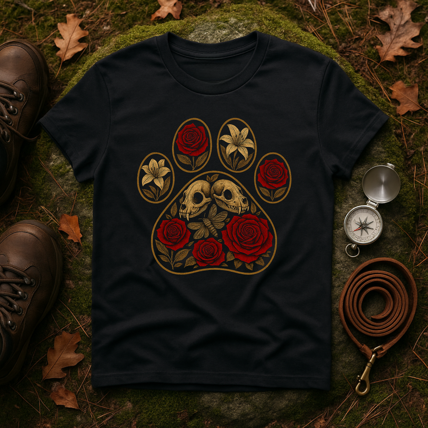 Gothic Paw Print T-Shirt | Skulls and Red Roses Dog Tee