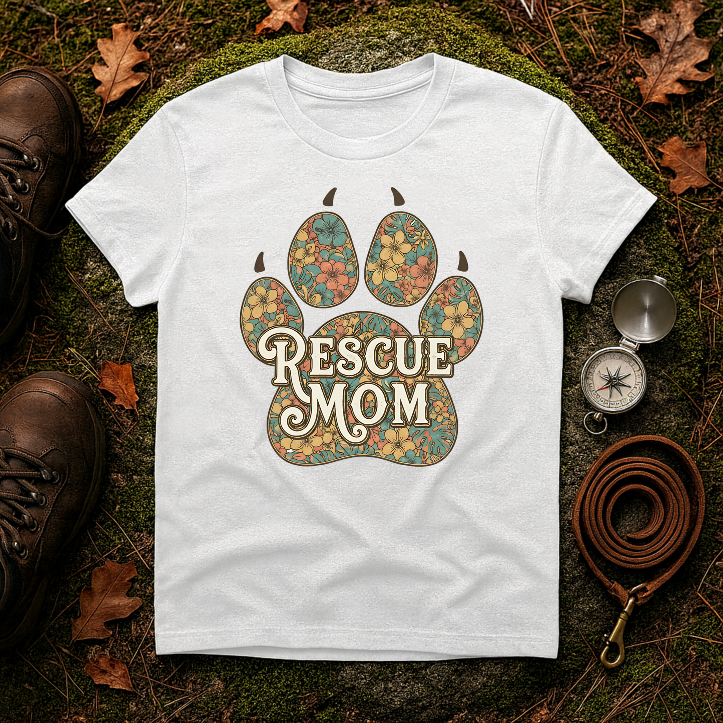 Rescue Mom T-Shirt | Floral Paw Print Dog Lover Tee