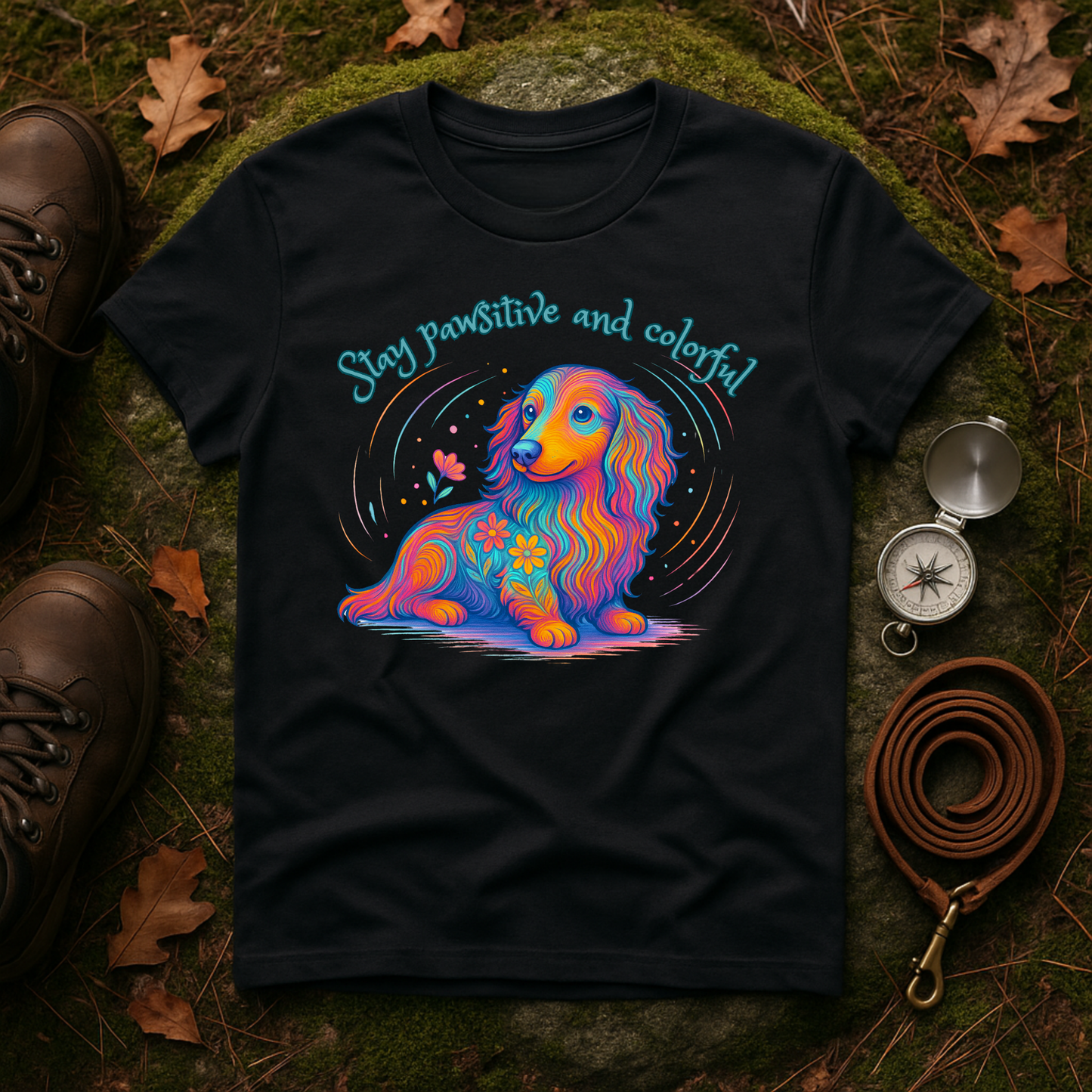 Colorful Dachshund Shirt – Stay Pawsitive Dog Tee