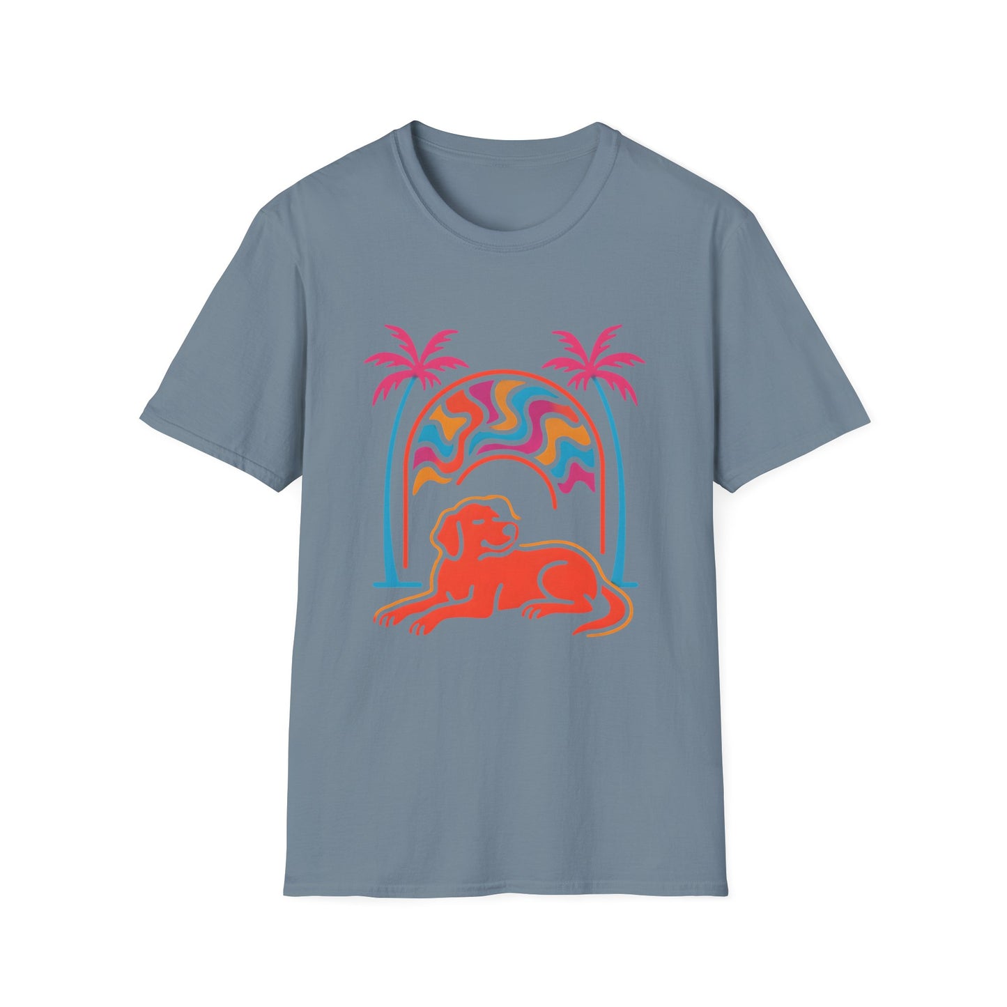 Psychedelic Dog Palm Trees Tee - Retro Sunset