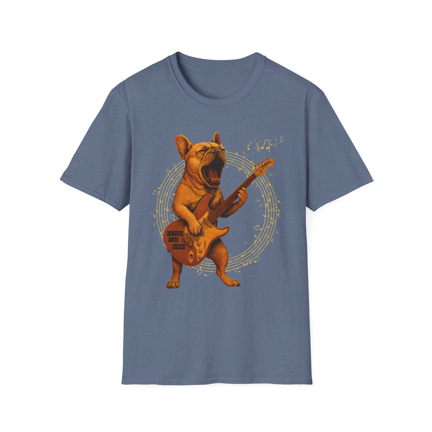 Rocking French Bulldog Unisex T-Shirt, Dog Lover Gift, Music Tee, Funny Graphic Shirt, Pet Themed Apparel