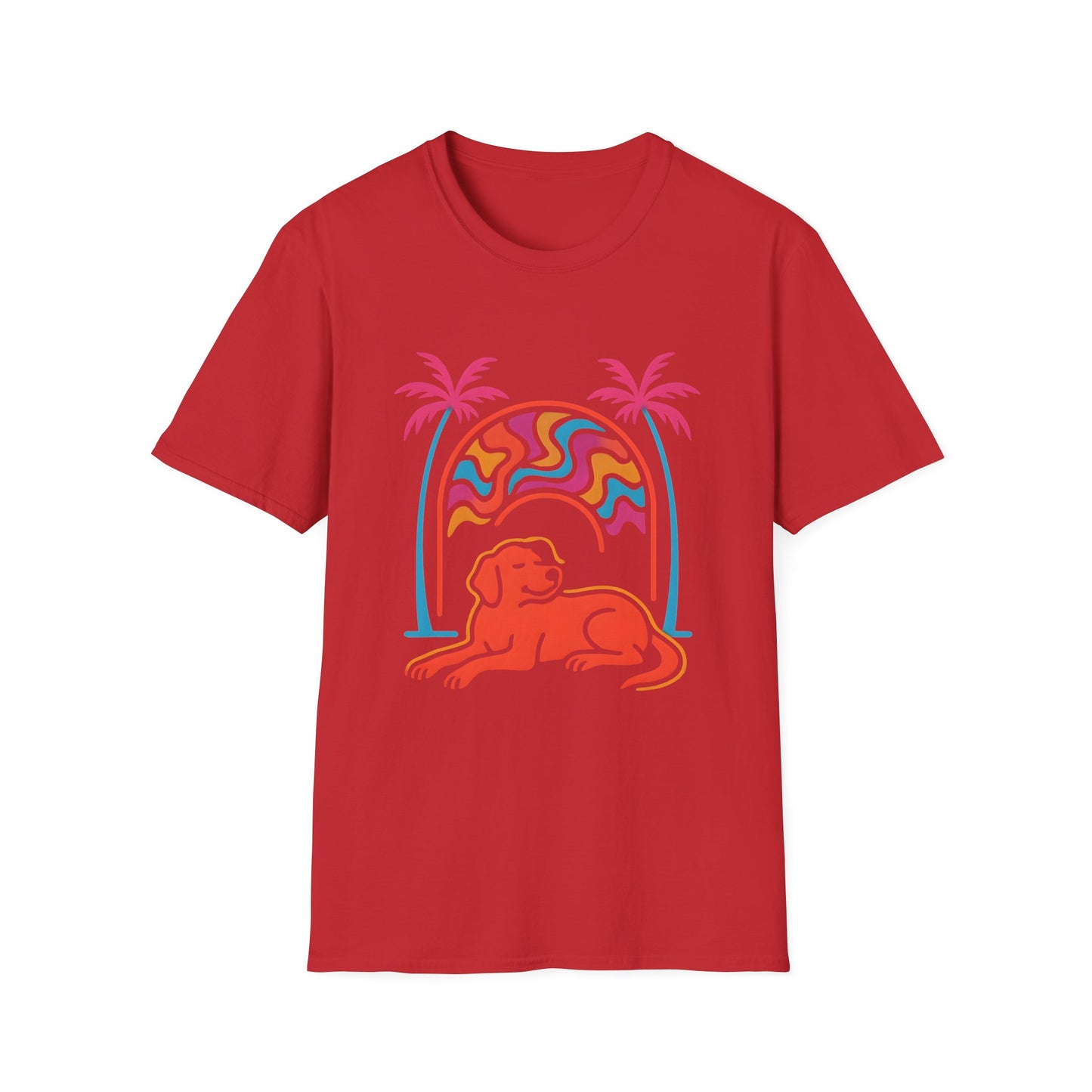 Psychedelic Dog Palm Trees Tee - Retro Sunset