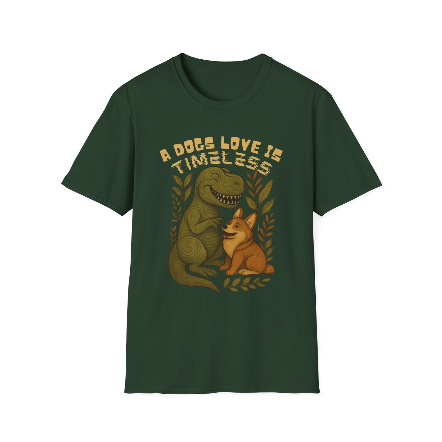Timeless Love T-Shirt, Cute Dino and Dog Design, Pet Lover Gift, Unisex Apparel, Animal Lover Shirt, Casual Wear, Gift for Dog Owners