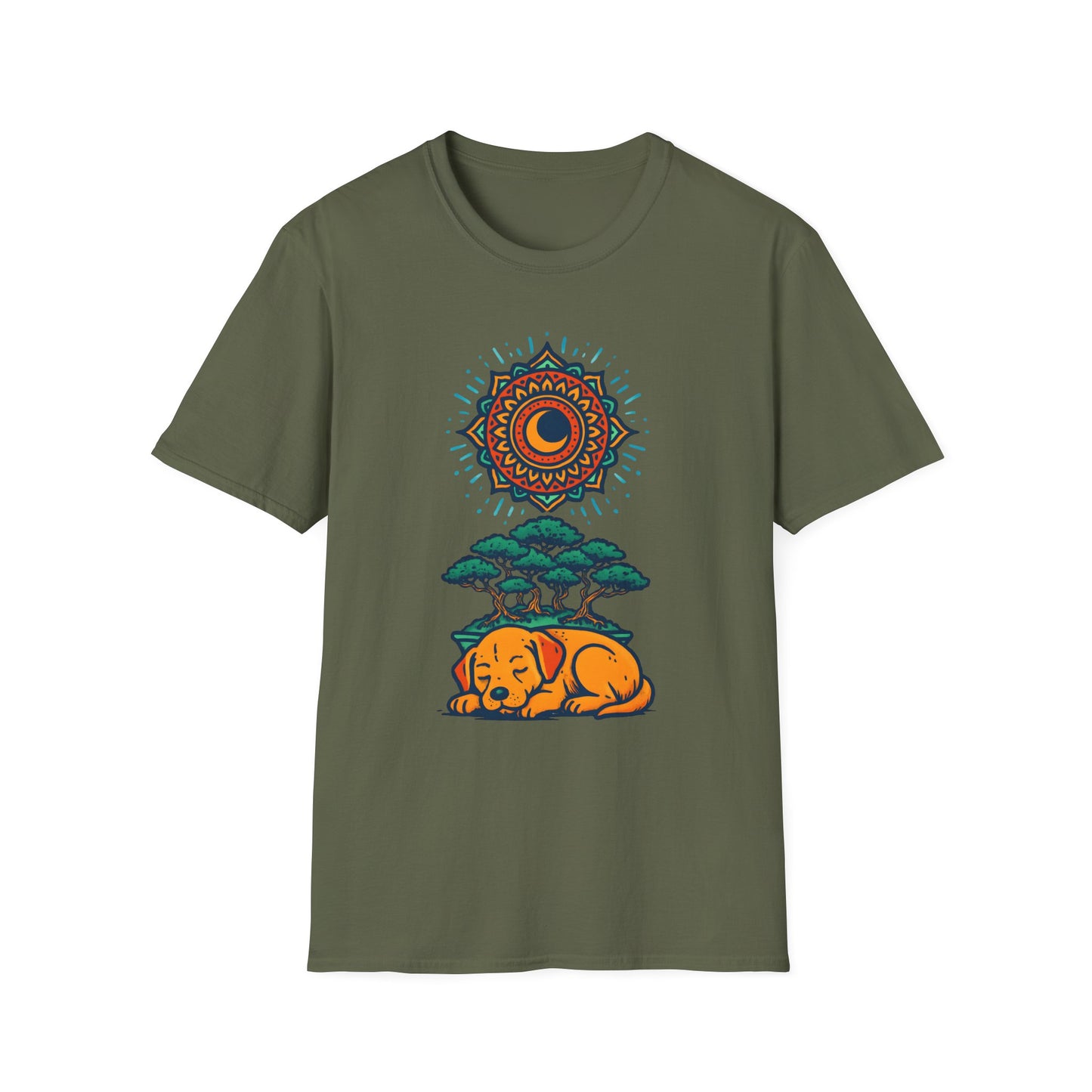 Zen Sleeping Dog T-Shirt with Bonsai and Mandala Art, Cozy Summer Shirt, Casual Wear, Gift for Dog Lovers, Unique Unisex T-Shirt