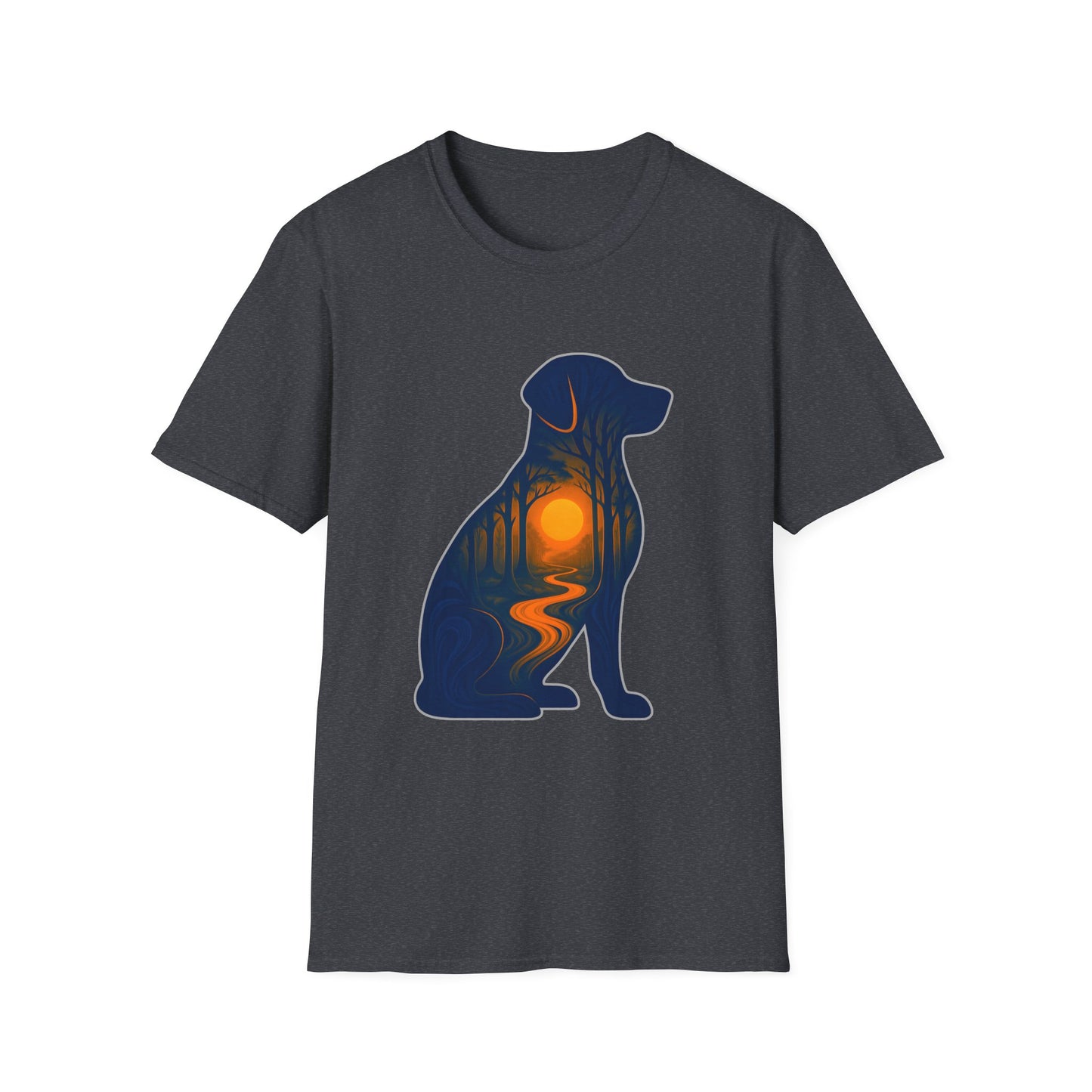 Sunset Dog Silhouette Nature Forest Adventure Unisex Softstyle T-Shirt | Perfect Gift for Pet Lovers, Nature Enthusiasts, Summer Wear, Gift for Dog Owners.
