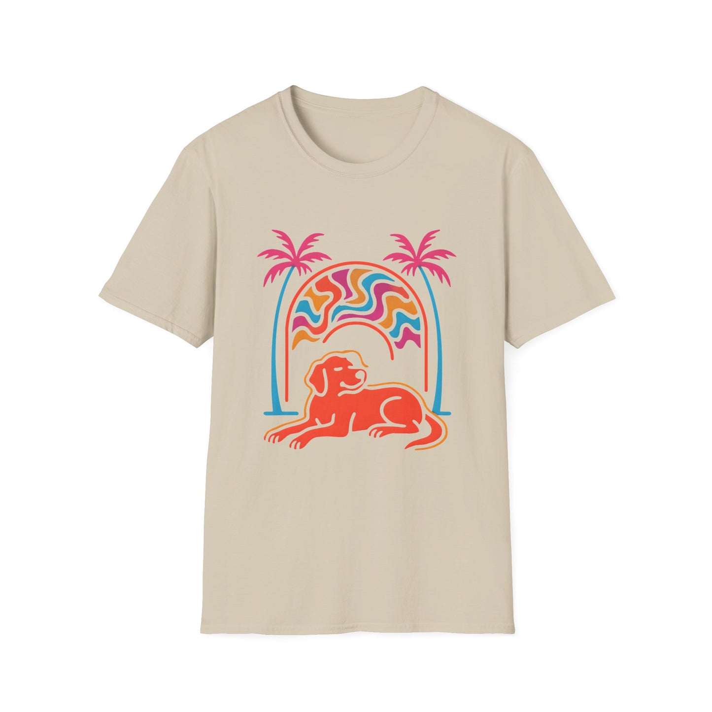 Psychedelic Dog Palm Trees Tee - Retro Sunset