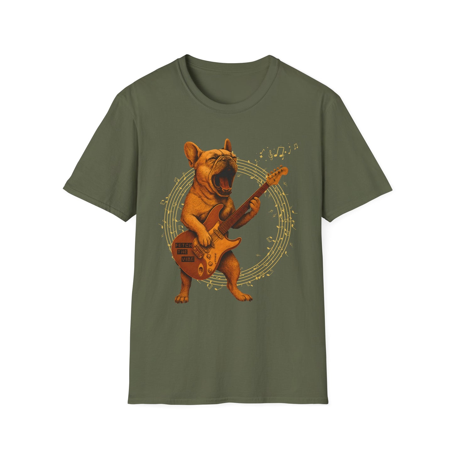 Rocking French Bulldog Unisex T-Shirt, Dog Lover Gift, Music Tee, Funny Graphic Shirt, Pet Themed Apparel