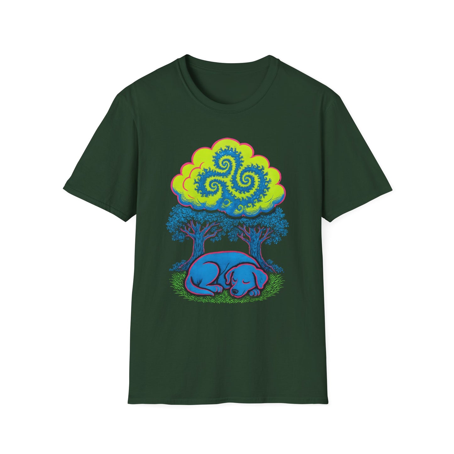 Psychedelic Sleeping Dog T-Shirt with Trippy Fractals, Gift for Nature Lovers, Unisex Tee, Festival Wear, Boho Style, Eco-Friendly Clothing