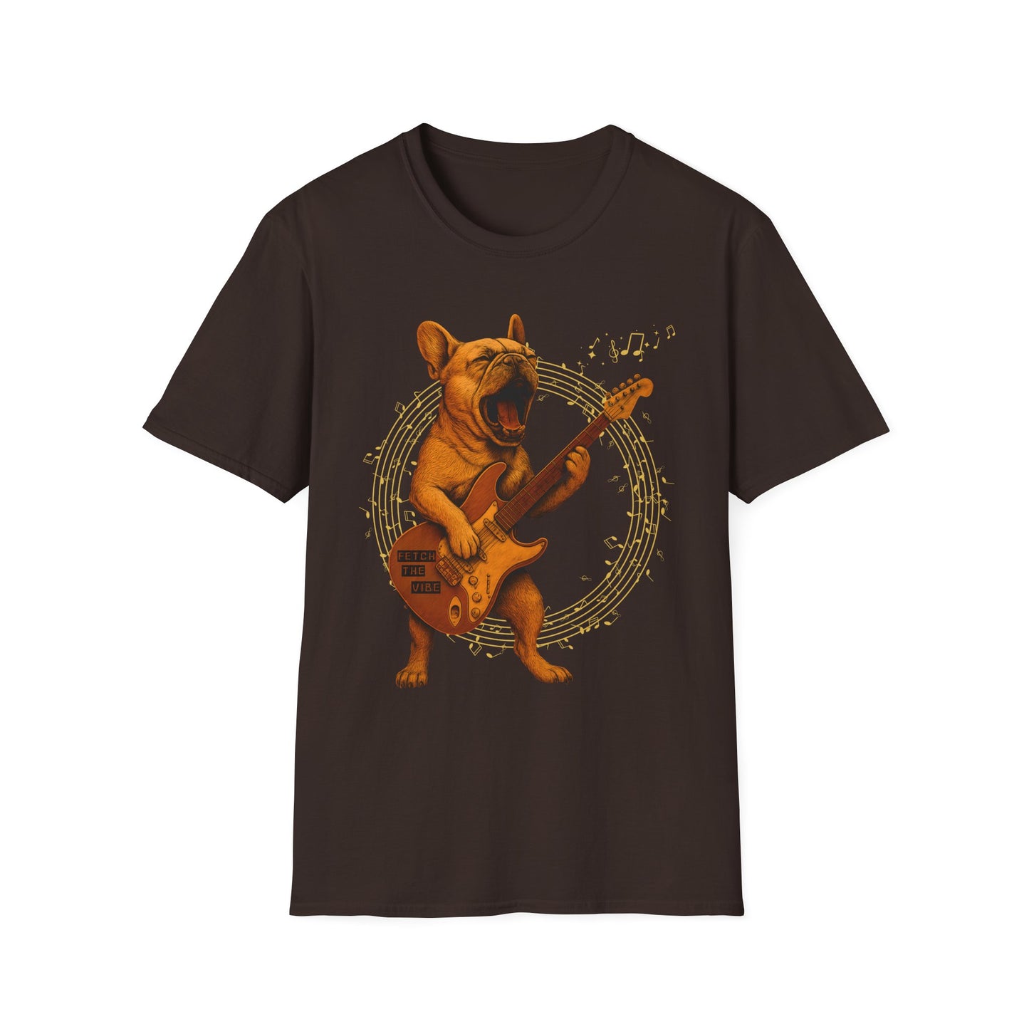 Rocking French Bulldog Unisex T-Shirt, Dog Lover Gift, Music Tee, Funny Graphic Shirt, Pet Themed Apparel