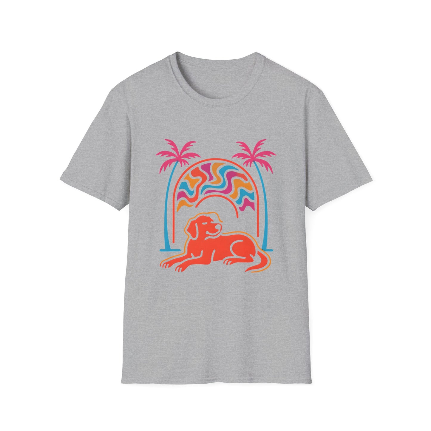 Psychedelic Dog Palm Trees Tee - Retro Sunset