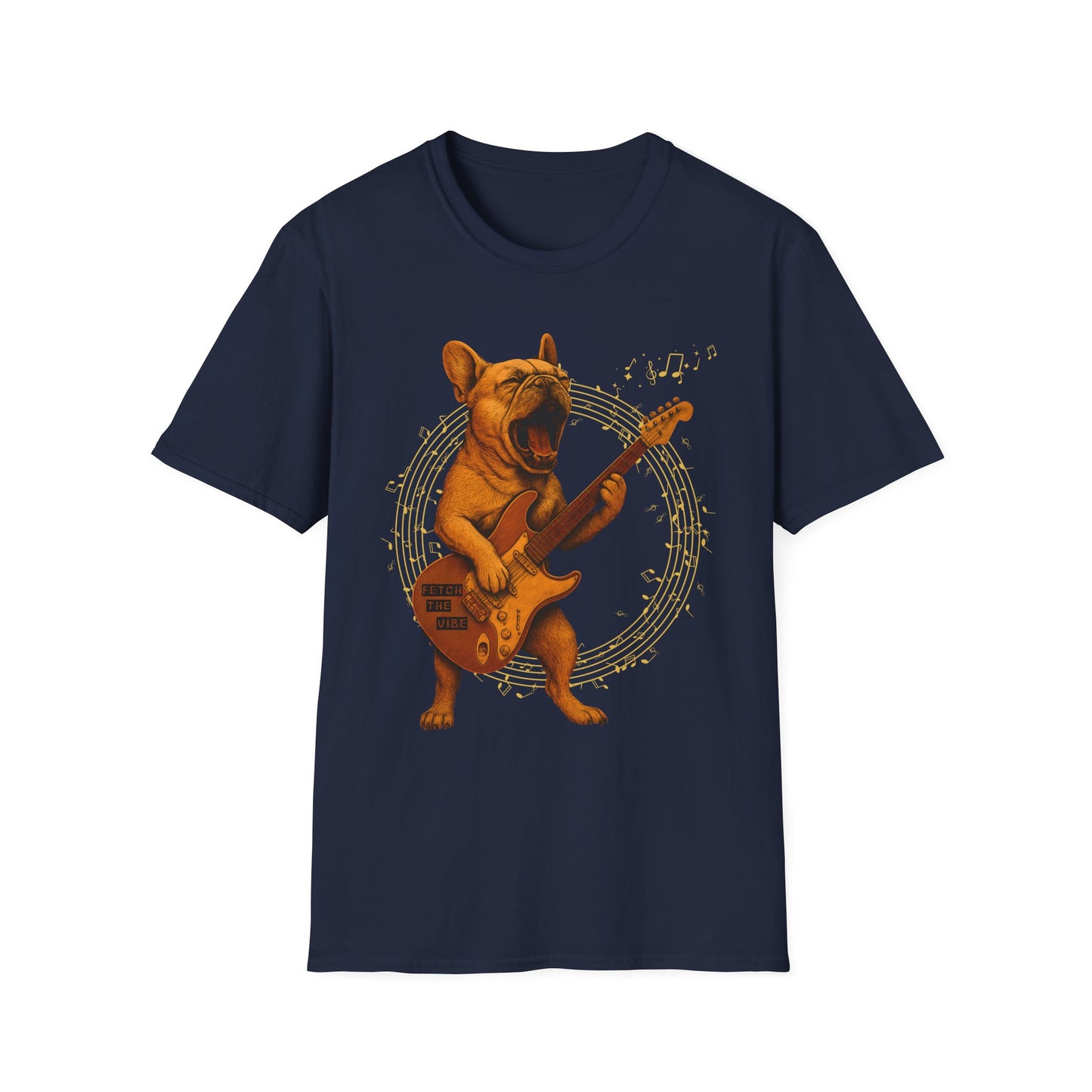 Rocking French Bulldog Unisex T-Shirt, Dog Lover Gift, Music Tee, Funny Graphic Shirt, Pet Themed Apparel