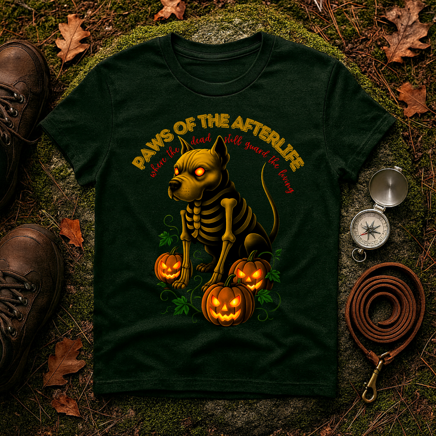 Paws of the Afterlife Pitbull Skeleton Halloween T-Shirt