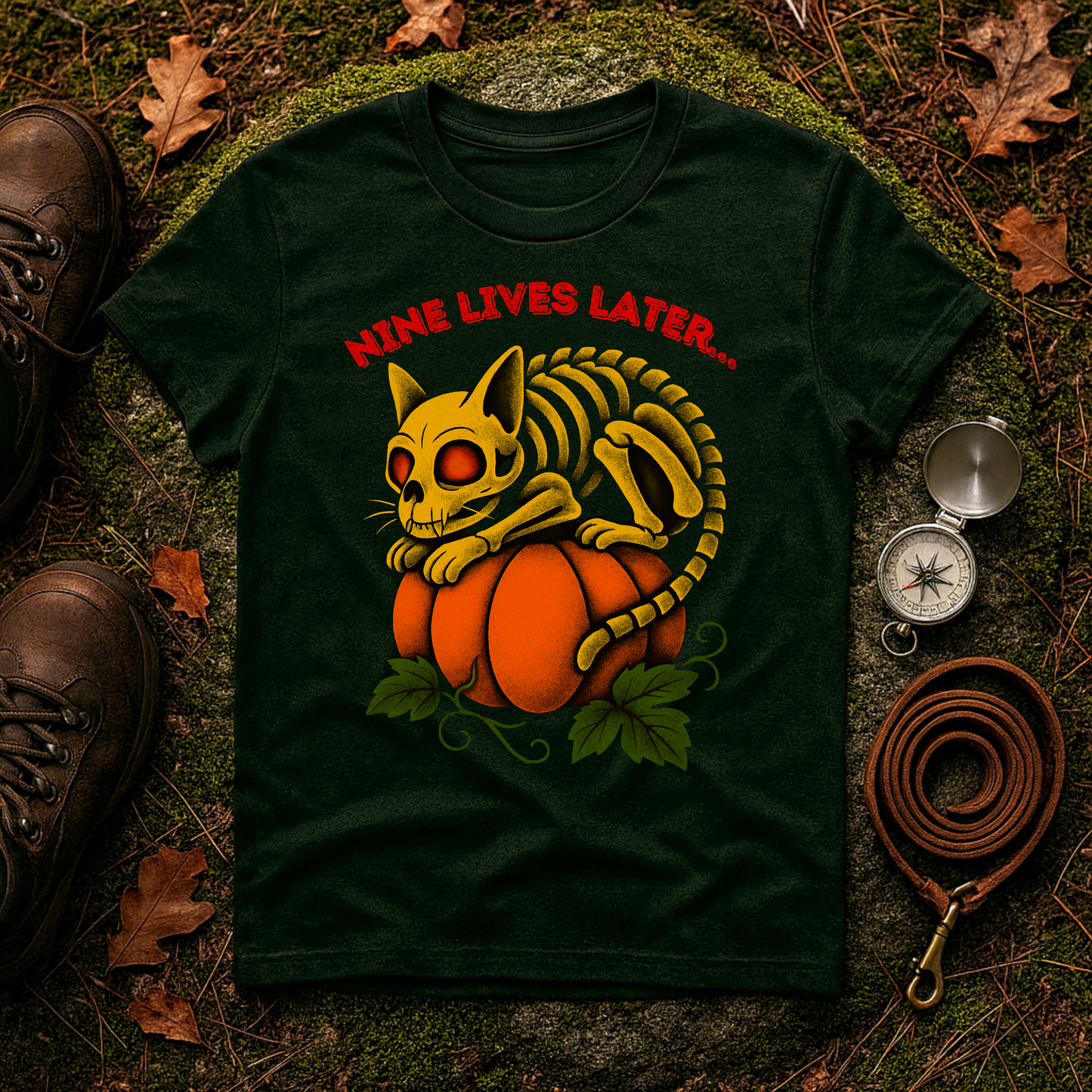 Nine Lives Later Cat Skeleton Pumpkin Halloween Shirt