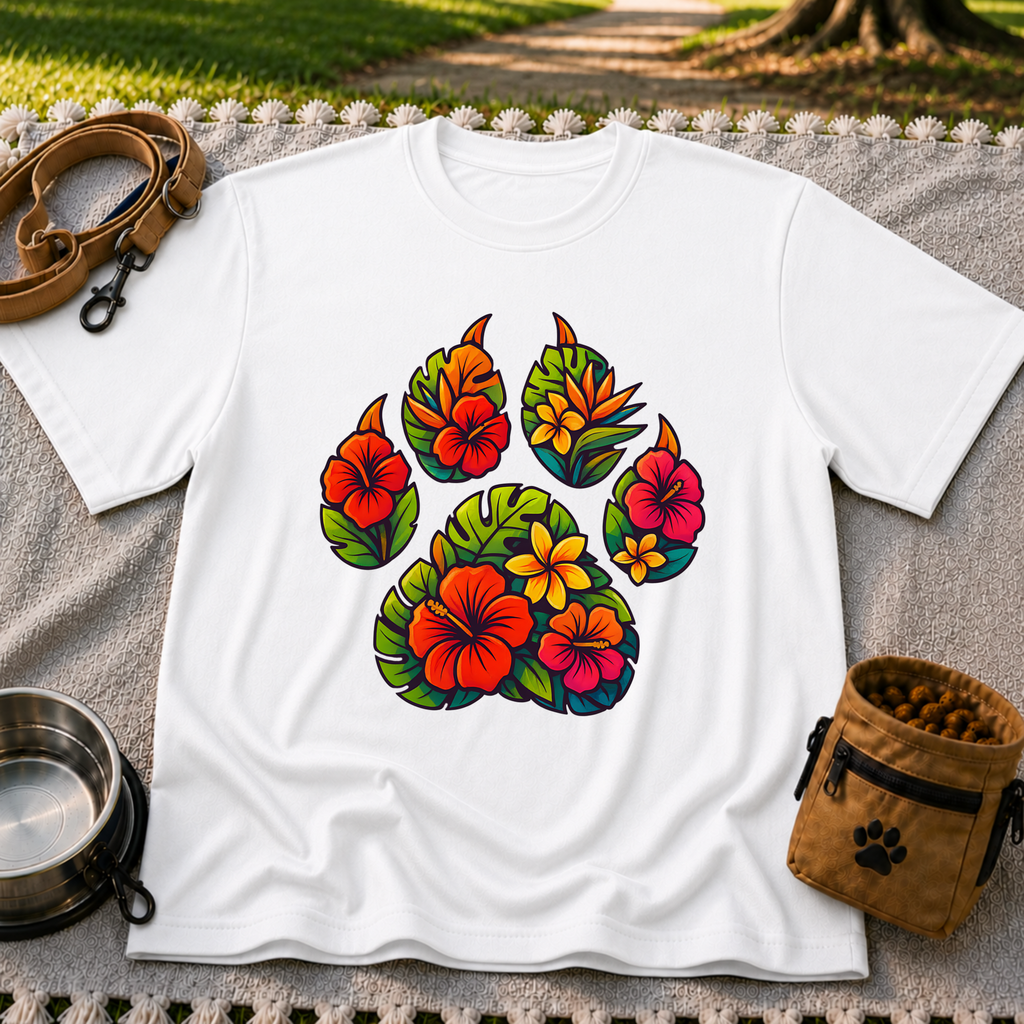 Tropical Floral Paw Print design on a White T-shirt.