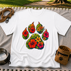Tropical Floral Paw Print design on a White T-shirt.