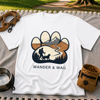 White T-shirt mockup featuring hiker and dog following a mountain trail framed inside a paw print.