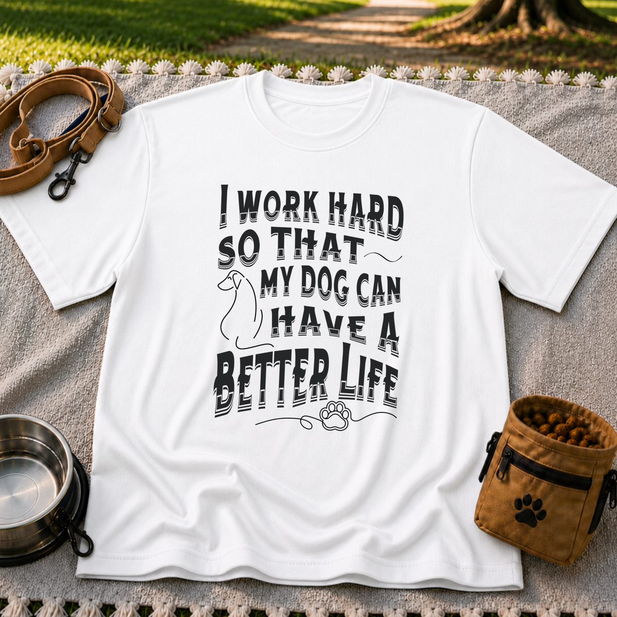a “work hard so that my dog can have a better life” message. On a White T-shirt.