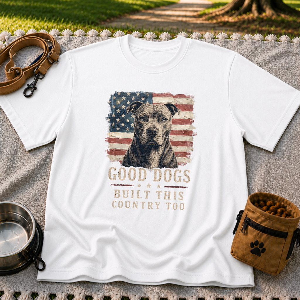 White T-shirt mockup featuring pit bull portrait in front of a weathered American flag.