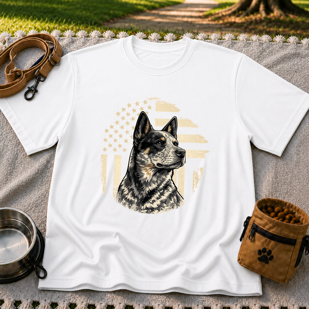 White T-shirt mockup featuring Blue Heeler portrait with a weathered American flag and stars.