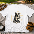 White T-shirt mockup featuring Blue Heeler portrait with a weathered American flag and stars.