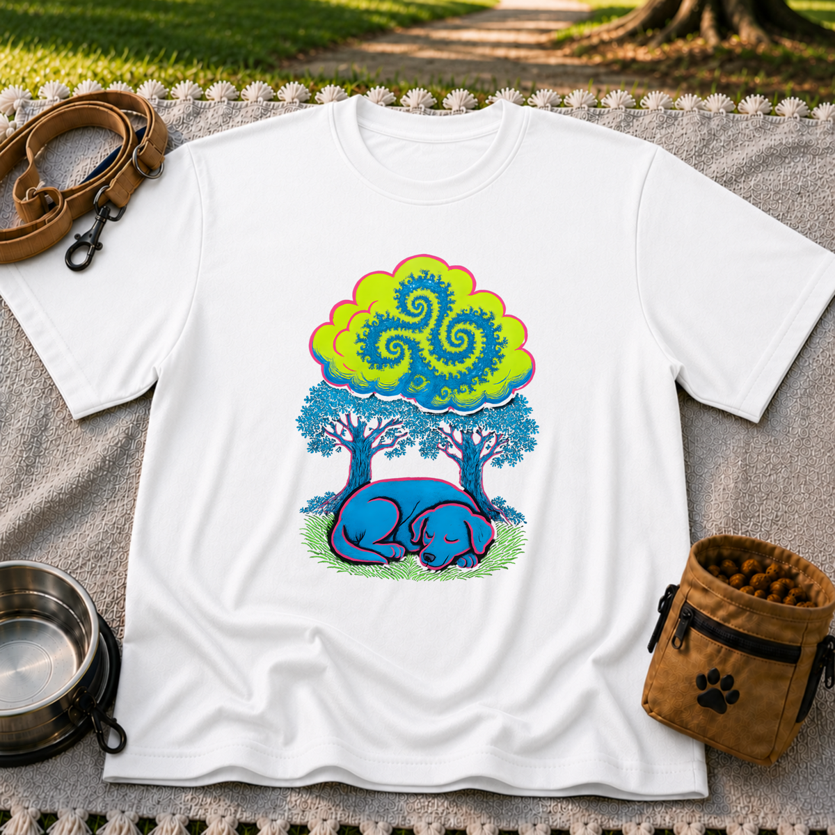 Psychedelic Sleeping Dog artwork on a White T-shirt.