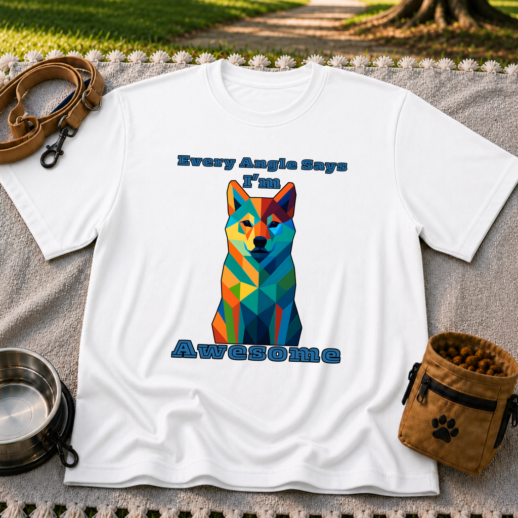White T-shirt mockup featuring blue-toned geometric dog portrait with Every Angle Says I’m Awesome lettering.