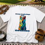 White T-shirt mockup featuring blue-toned geometric dog portrait with Every Angle Says I’m Awesome lettering.