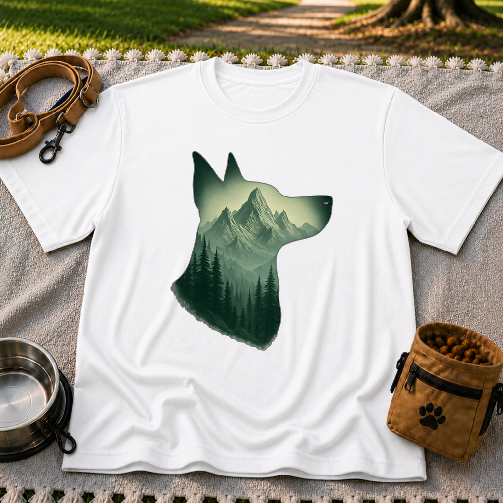 Mountain Dog Wilderness artwork on a White T-shirt.