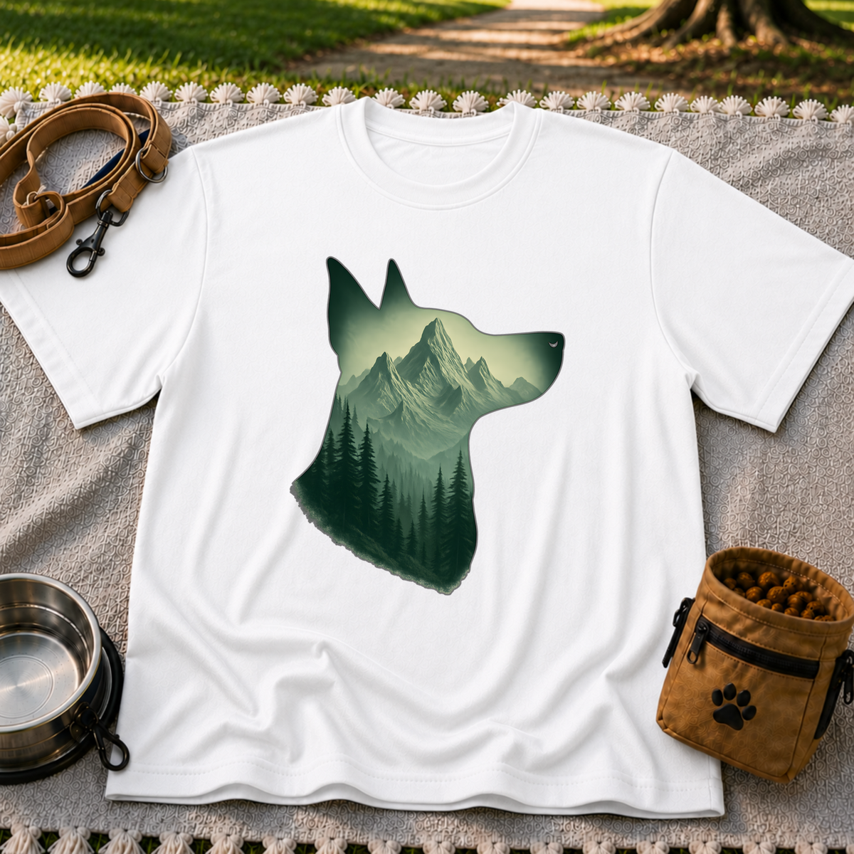 Mountain Dog Wilderness artwork on a White T-shirt.