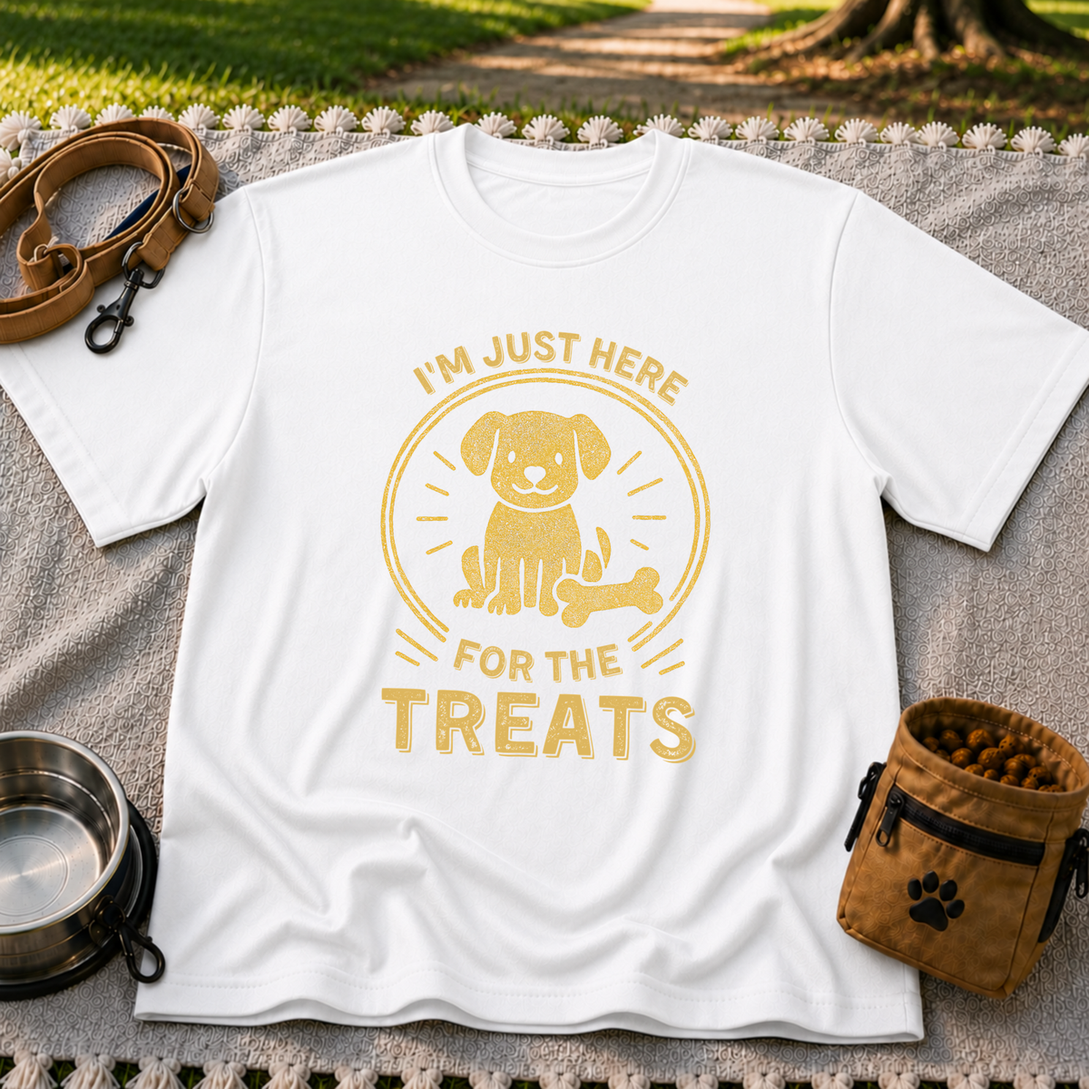 I'm Just Here for the Treats design on a White T-shirt.
