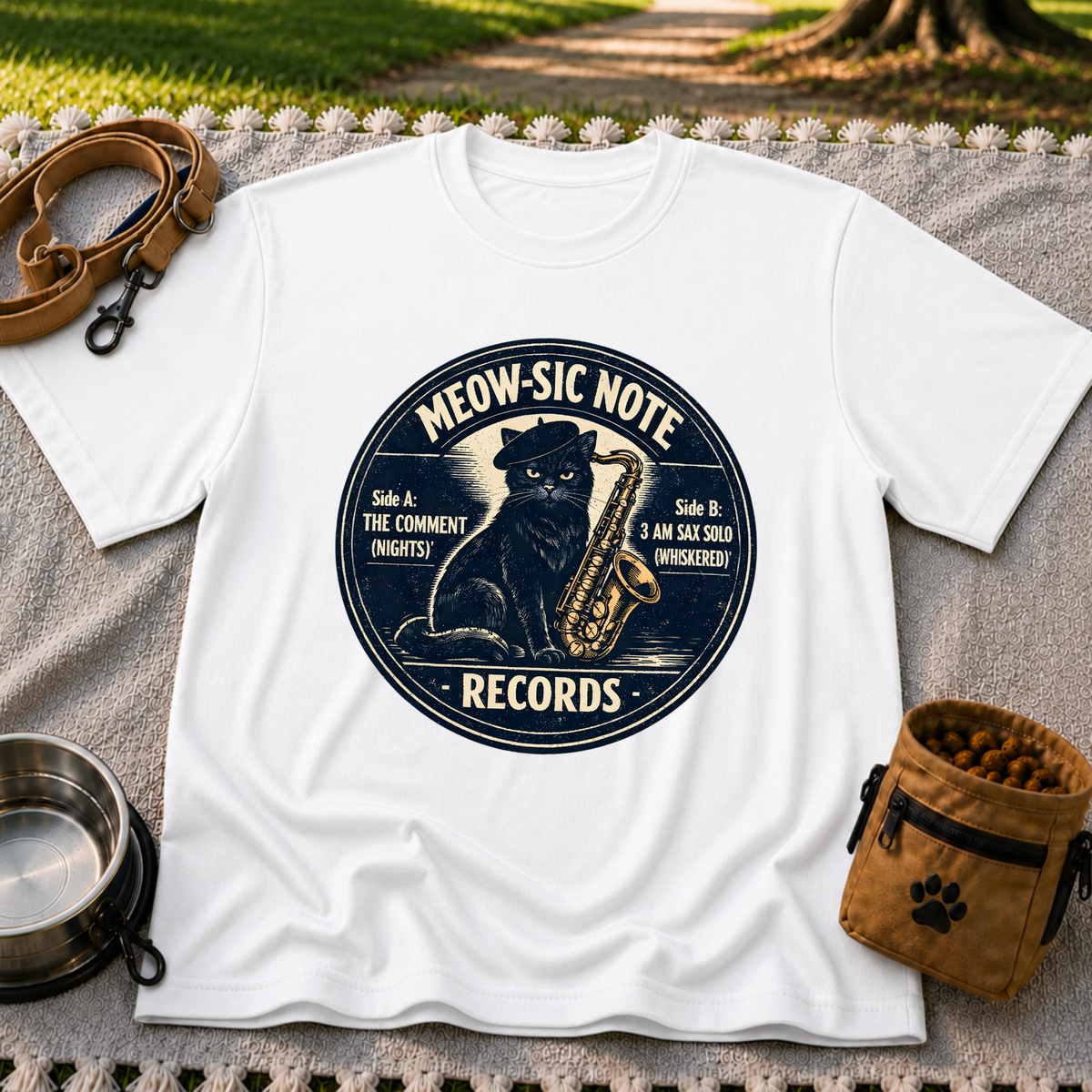 White T-shirt mockup featuring black cat beside a saxophone on a round Meow-sic Note Records label.