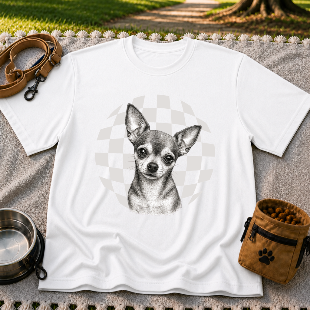 Sweet Chihuahua Portrait artwork on a White T-shirt.
