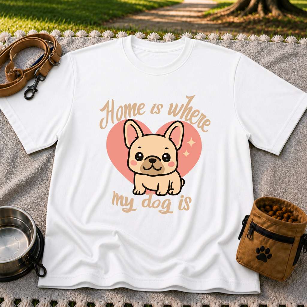Home Is Where My Dog Is Frenchie Dog design on a White T-shirt.