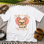 Home Is Where My Dog Is Frenchie Dog design on a White T-shirt.