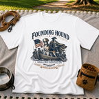 a founding-era American scene with hounds and patriotic details. On a White T-shirt.