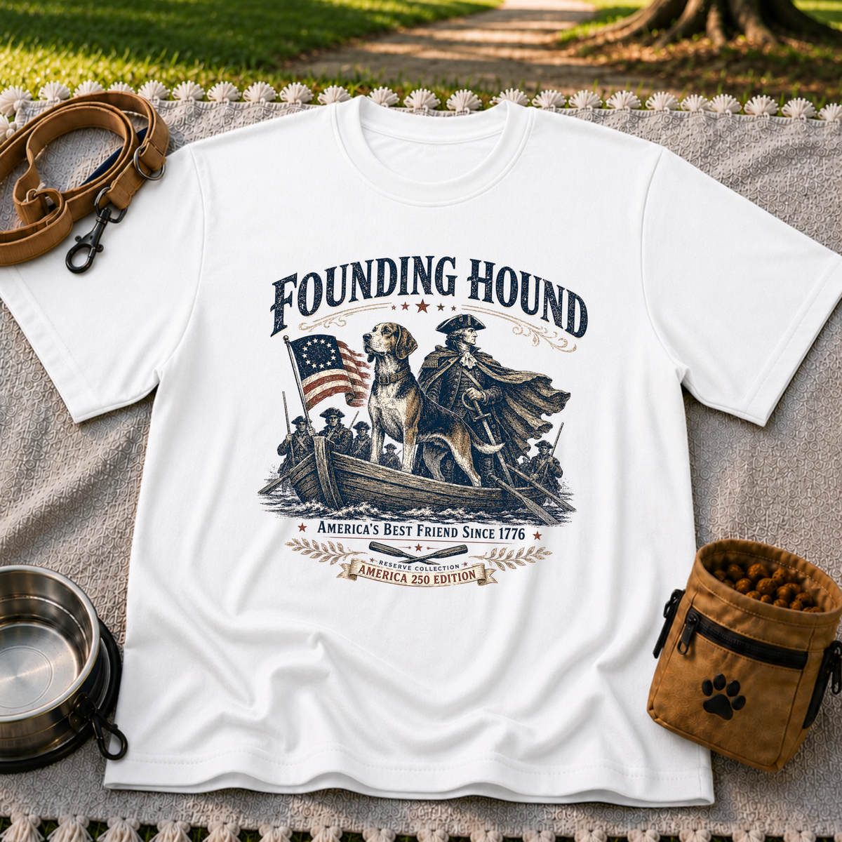 a founding-era American scene with hounds and patriotic details. On a White T-shirt.