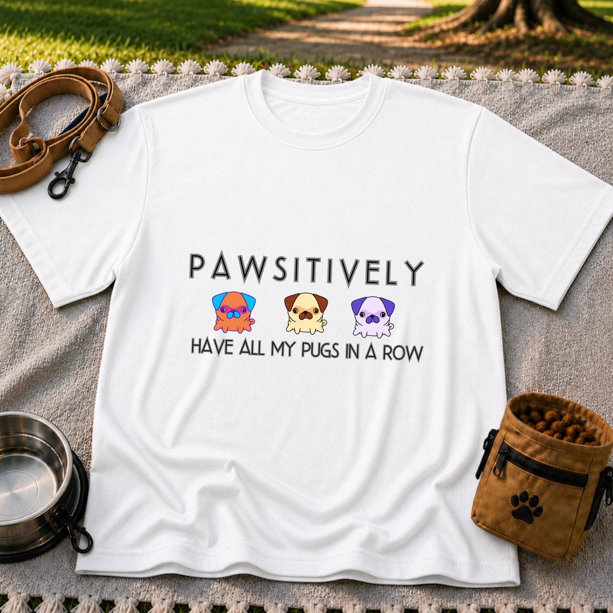 a row of three pugs beneath “Pawsitively all my pugs in a row”. On a White T-shirt.