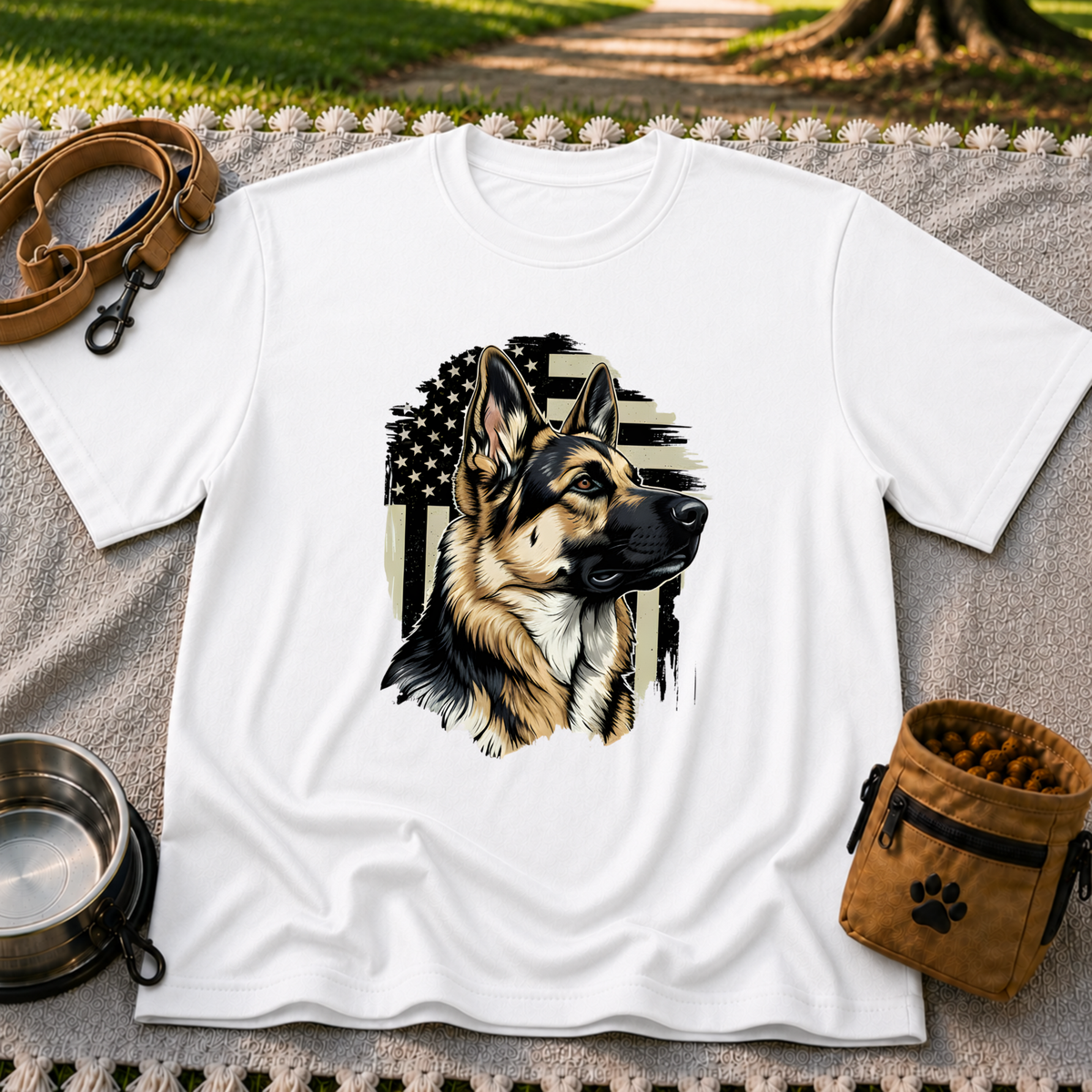 German Shepherd American Flag design on a White T-shirt.
